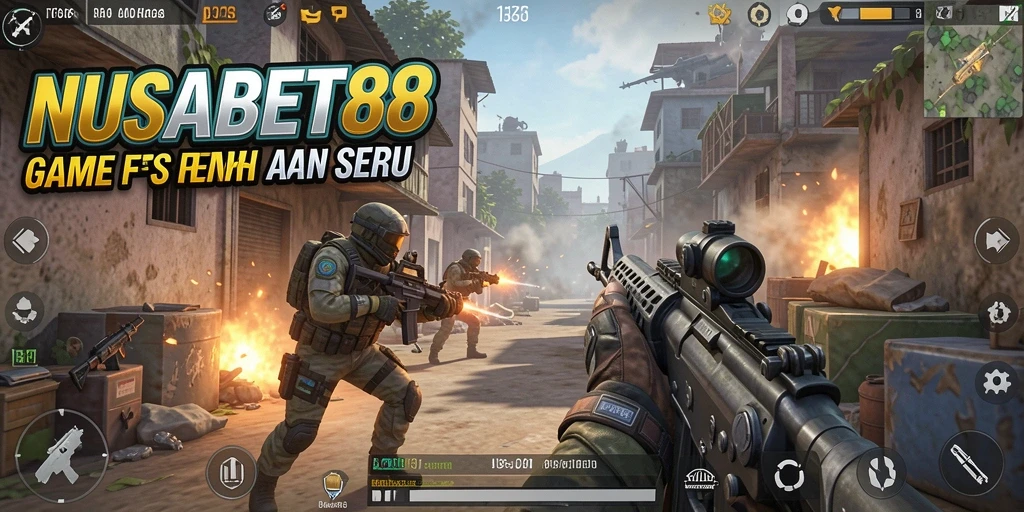 Screenshot NUSABET88 yang menampilkan aksi pertempuran FPS yang intens.