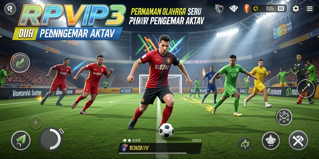 Screenshot utama RPVIP3 menampilkan aksi seru dalam pertandingan olahraga.